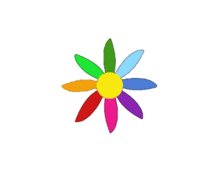 A multicoloured flower logo.